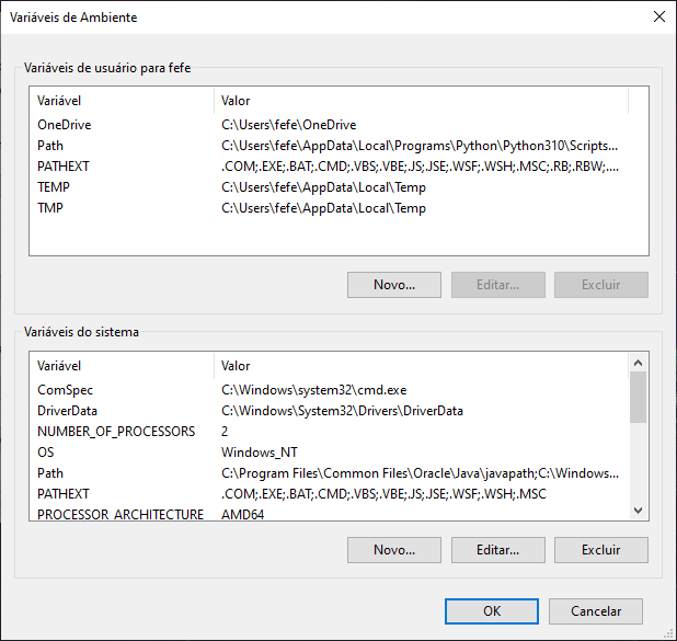  Uma interface gráfica mostrando as variáveis de ambiente do usuário e do sistema.