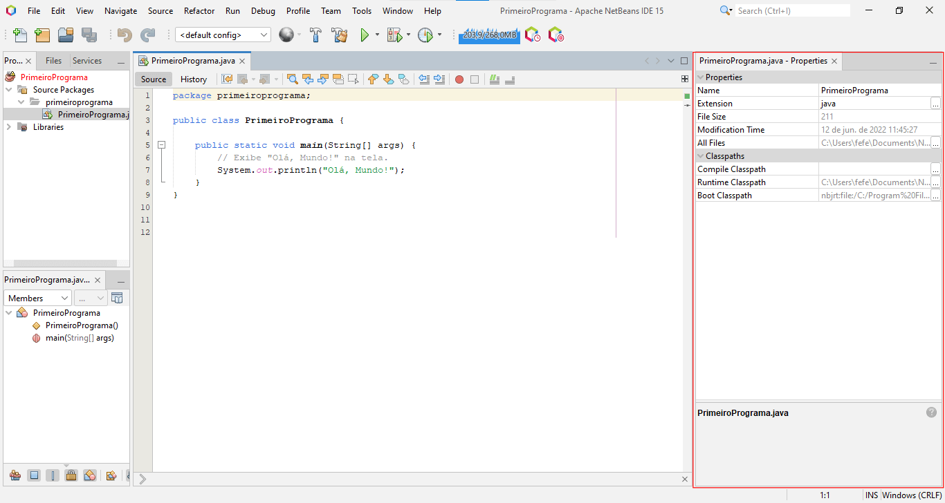  Os componentes da interface gráfica do NetBeans incluindo a janela Properties.