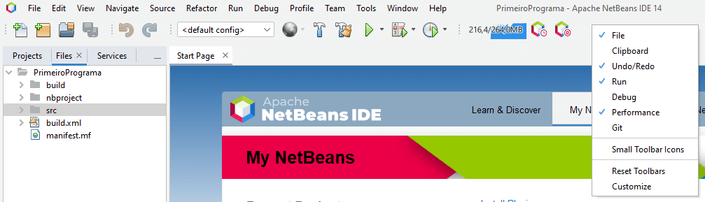  Menu e barra de ferramentas do NetBeans.