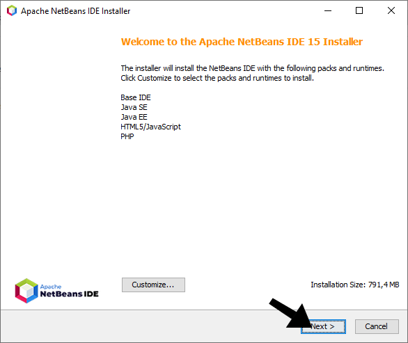  Tela de boas vindas do instalador do NetBeans no Windows. Uma lista dos itens que serão instalados junto com o NetBeans é exibido.