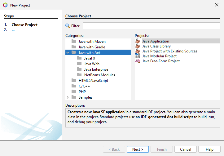  A janela New Project, que é dividida em dois painéis: Steps e Choose Project.  O primeiro mostra os passos dados até o momento. Já o último exibe as opções para começar um novo projeto.