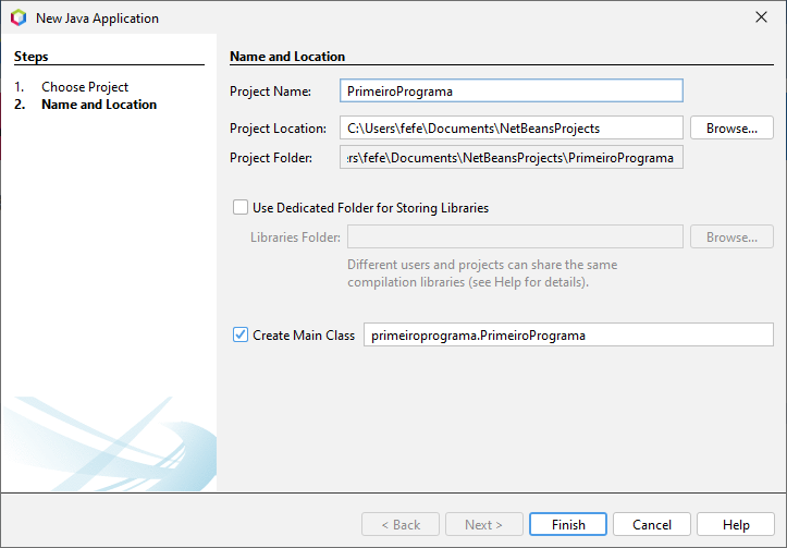  Definindo um nome para o projeto no campo Project Name.