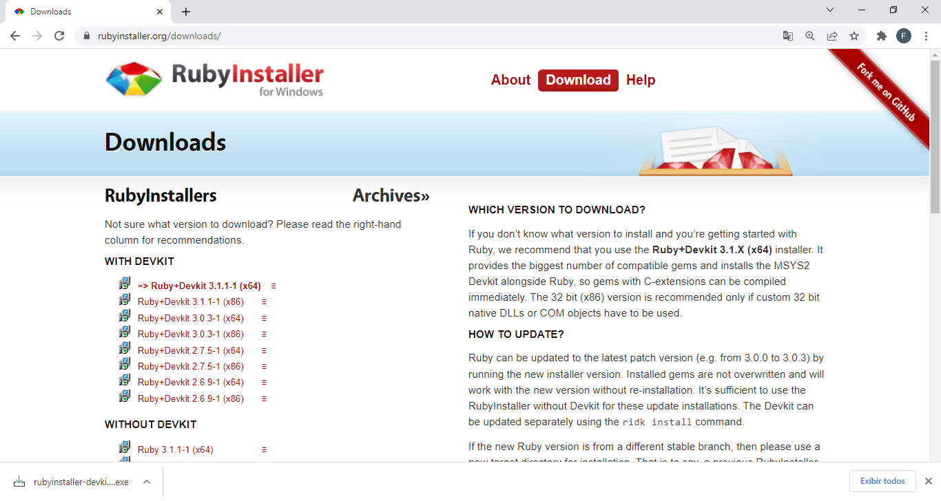  A página de downloads do Ruby. Painel à esquerda lista as versões disponíveis. Um deles é destacado em negrito.