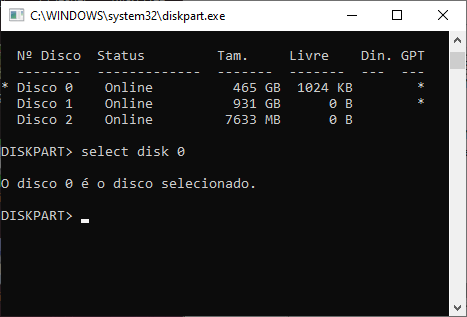  Janela do CMD com o comando que seleciona o dispositivo de armazenamento.