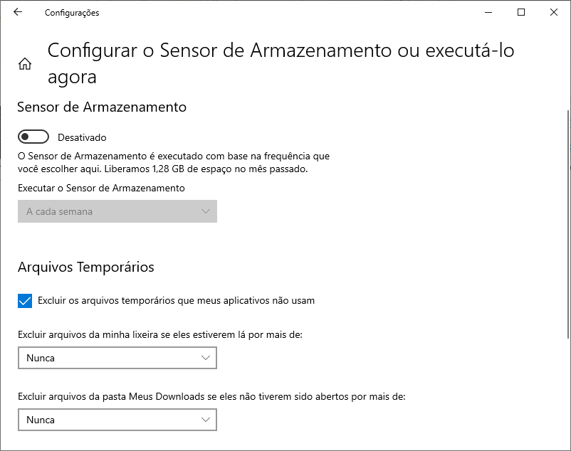  Indicação da opção Arquivos Temporários na janela Armazenamento.