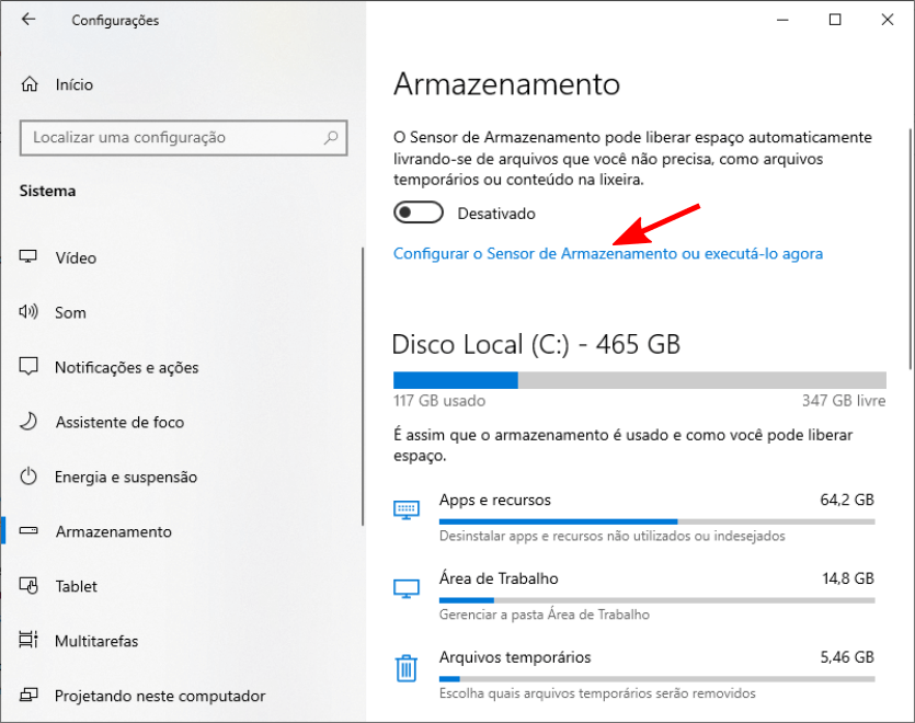  Indicação da opção Arquivos Temporários na janela Armazenamento.