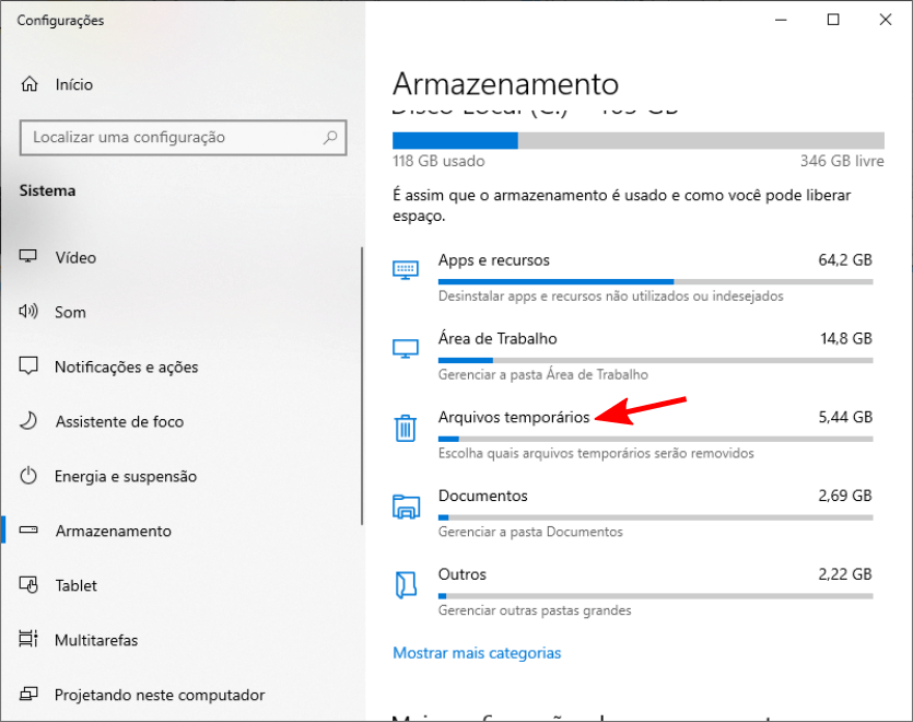  Indicação da opção Arquivos Temporários na janela Armazenamento.