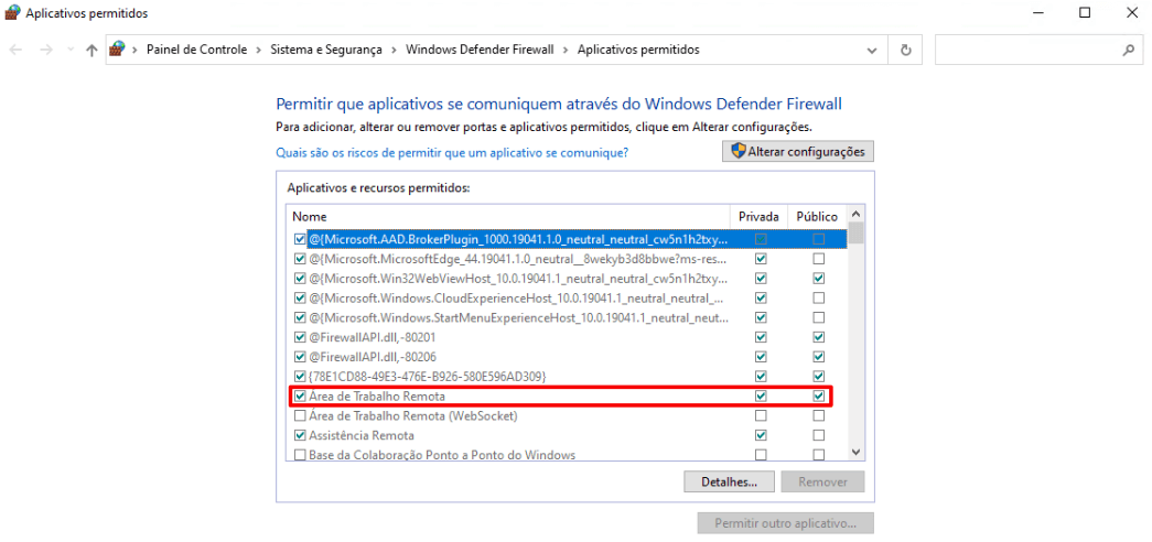 Uma lista dos recursos permitidos pelo firewall.