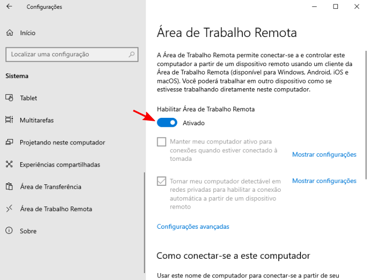 Ativando o servidor Área de Trabalho Remota nas configurações.