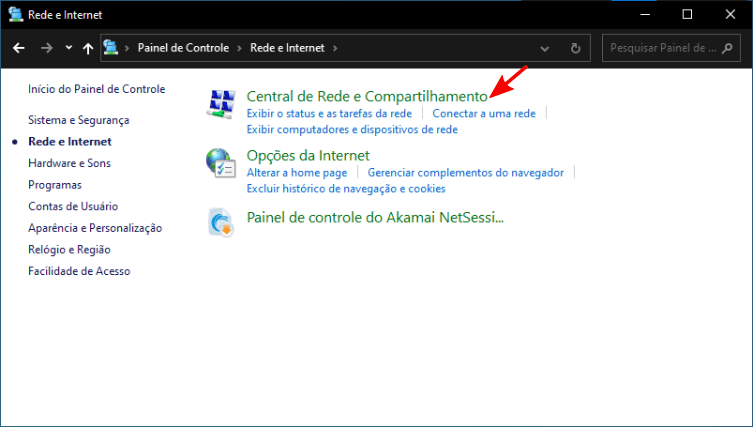 Opções contidas na categoria Rede e Internet.