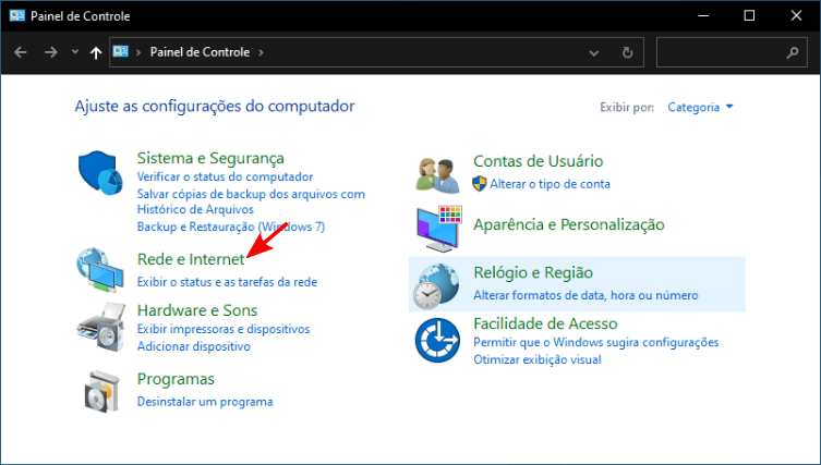 Todas opções do Painel de Controle divididos por categorias.