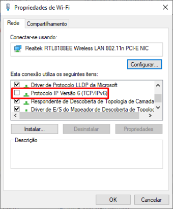 Lista de propriedades da rede WiFi. Há uma caixa quadrada do lado de cada opção que permite ativar ou desativar cada uma