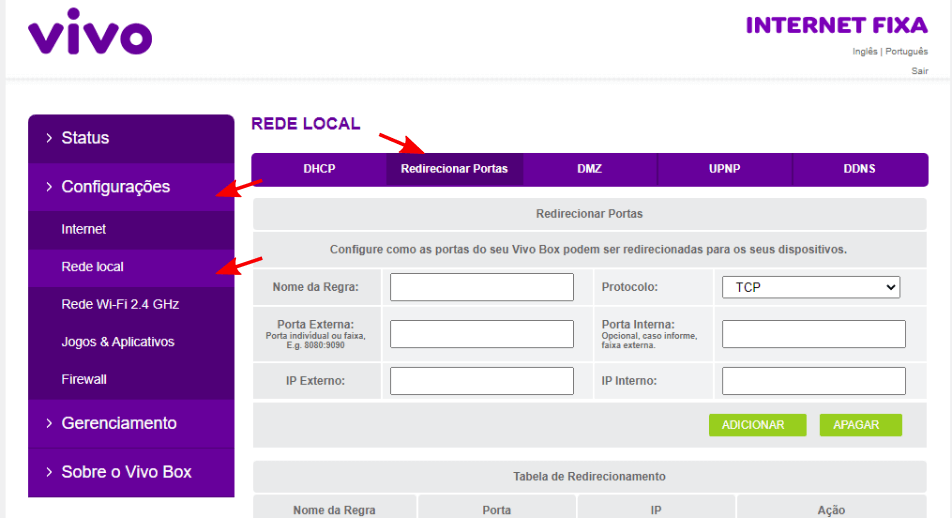Interface gráfica do roteador. Setas apontam para as opções configurações, rede local, redirecionamento de porta. Isso reflete a ordem em que elas são selecionadas.