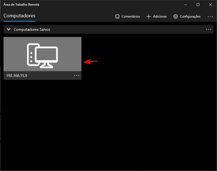 O computador recém adicionado é exibido na tela inicial do Área de Trabalho Remota.