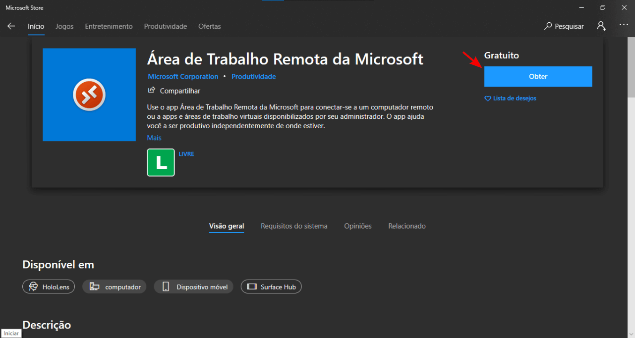 Tela para download do Área de Trabalho Remota, o novo aplicativo da Microsoft.
