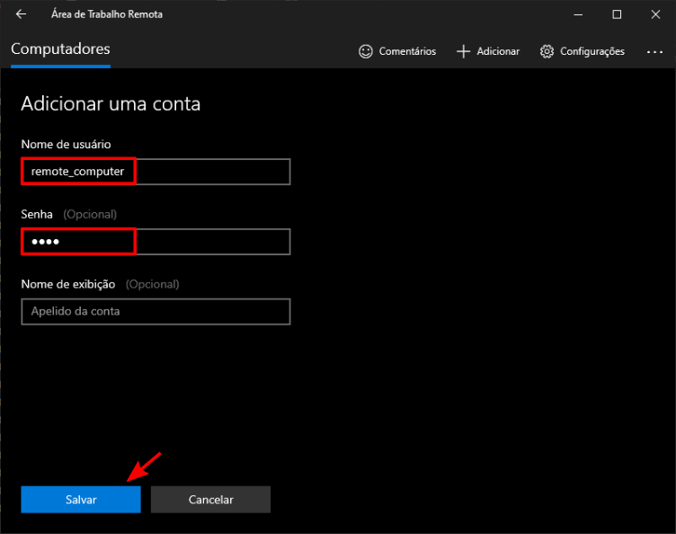 Adicionando uma nova conta.