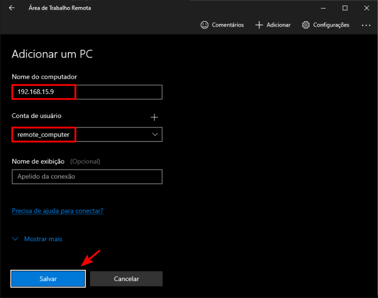 A conta configurada foi selecionada.