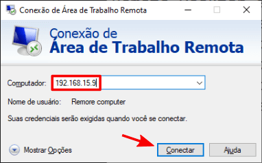 Tela inicial do Conexão de Área de Trabalho Remota. O campo computador está marcado com um retangulo, enquanto uma seta aponta para o botão Conectar