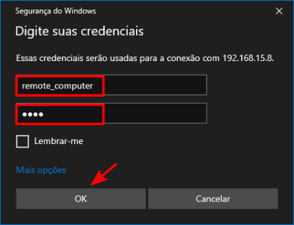 Tela para digitar o login e a senha da máquina remota.